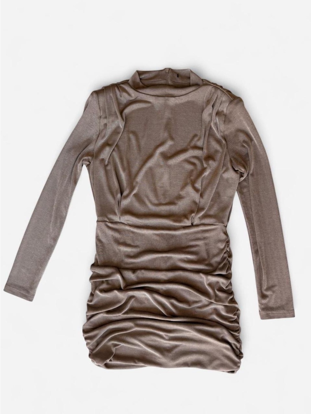 Fashion Nova Long Sleeve Ruched Bodycon Dress in Taupe Brown Shoulder Pads